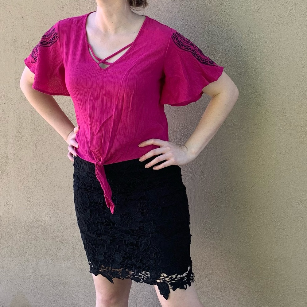 Pink Crop Top with Embroidered Sleeves